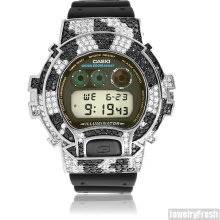 Black and White Tiger Pattern Iced Out G Shock