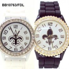 Black Band Fleur De Lis Watch Rhinestone Silicone Saints