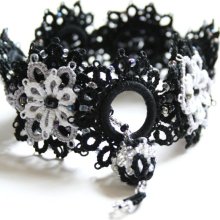 Black Gray White Beaded Tatted Lace Bracelet