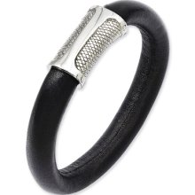 Black Leather & Stainless Steel Magnetic Bracelet - 8.5 Inch