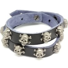 Black Leather Biker Bracelet Vintage Silver Plated Skull Cross Bone Studs