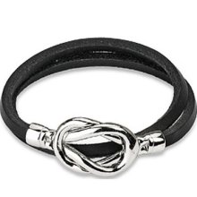 Black Leather Double Loop Bracelet Wristband Cuff K19