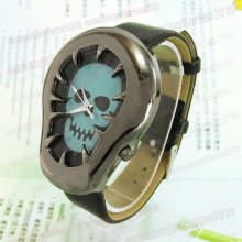 Black Leather Quartz Skull Shape Dial Unisex Fashion Leisure Wrist Watch M672u