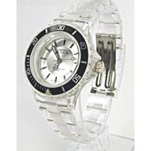 Black Number Bezel Silver Face Clear Acrylic Clipper Link Band Watch