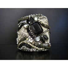 Black Rhinestone & Lace Cuff Bracelet - New Years Eve Tuxedo Chic Jewelry by Sharona Nissan