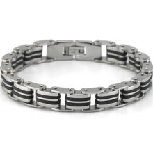 Black Rubber Stainless Steel Men's Bracelet 8.5 Inch