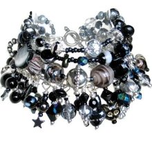 Black silver beaded charm bracelet handmade