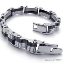 Black Silver Tone Stainless Steel Link Mens Bracelet Bangle 9