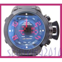 Black Steel Dual Time Led Japan Quartz Mens Clock Watch