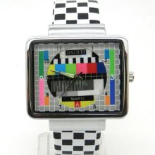 Black White Quartz Wrist Mens Ladies Unisex Tv Screen Pu Leather Lovely Watch