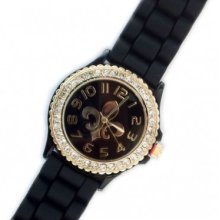 Black With Gold Fleur De Lis Silicone Strap Crystal Gold Rim Watch