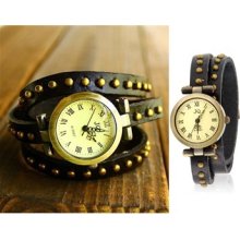 Black Women Bracelet Analog Watch Decorated Three Loops Cowhide - Black - Stainless Steel - Adjustable