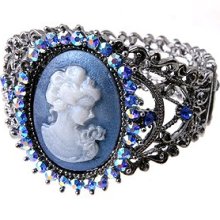 Blue Lady Cameo Crystal Hinge Bangle Bracelet