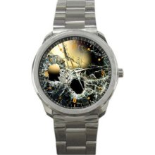 Broken Glass Bullet Hole Design Shape Sport Watch