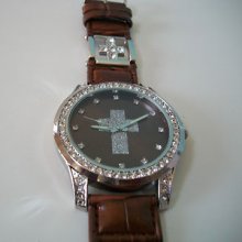 Brown Leather Band Cross Dial Stone Watch