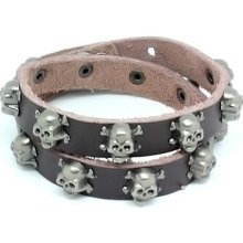 Brown Leather Biker Bracelet Vintage Silver Plated Skull Cross Bone Studs