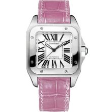 Cartier Santos 100 Watch Pink Leather Strap Silver Roman Dial W20126X8