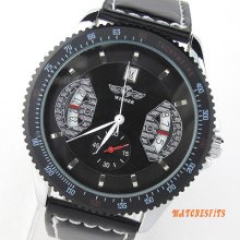 Casual Sports Men's Automatic Mechanical Date Black Leather Wrist Watch