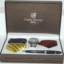 Charles Dumont Paris 1104 Black Face Silver Watch Three Ties Pen Boxed Gift Set