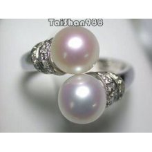 Charm Silver Double White Pearl Ring Size:6.7.8.9