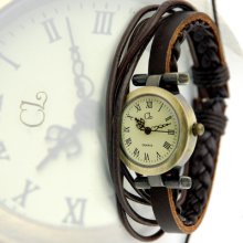 China Fashion Weave Wrap Around Leather Retro Bracelet Lady Quartz Wrist Watch