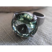 Chrysolite, Vintage, Swarovski crystal Rivoli 12mm, Antique Silver prong setting, adjustable Costume/Fashion Ring, Jewelry