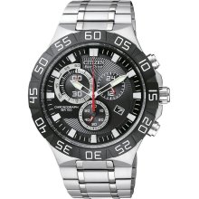 Citizen Mens Eco-Drive Chronograph Stainless Watch - Silver Bracelet - Black Dial - AT2090-51E