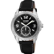 Citizen Quartz Mens Analog Stainless Watch - Black Leather Strap - Black Dial - AO3010-05E