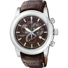 Citizen Watch, Mens Chronograph Eco-Drive Brown Leather Strap 41mm AT0