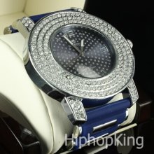 Classy Blue Iced Out Analog Dial Hip Hop Bling Watch Blue Bullet Silicone Band