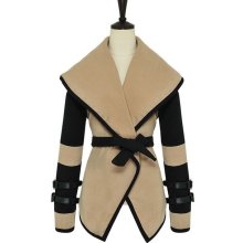 Color Blocked Oversized Lapels Self-belted Woolen Overcoat-camel