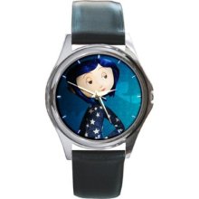 Coraline Black Leather Band Unisex Metal Watch