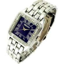 Crystal Bezel Square Blue Face Roman Numbers Silver Link Clipper Band Watch