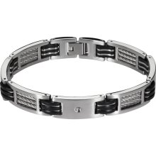 Cubic Zirconia, Stainless Steel and Black Rubber Cable Bracelet