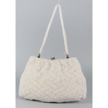 Designer White Beaded Kiss Lock Evening Handbag