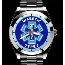 Diabetic Type 2 Emergency Medical Alert Id Quartz Stainless Watch