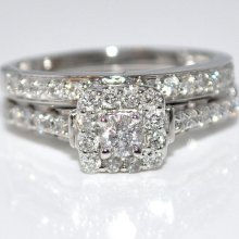 Diamond Bridal Set White Gold .88ct Halo Vintage Inspired 2pc Engagement + Band