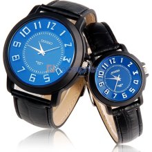 DINIHO 3 Hand Quartz Watch Pair with Stainless Steel Case, Faux Leather Belt, Black Dial (Black)