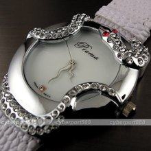 Elegant Hour Clock Stylish White Leather Quartz Ladies Women Wrist Watch Wg183