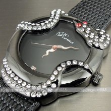 Elegant Hours Clock Stylish Black Leather Quartz Lady Women Wrist Watch Wg092