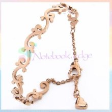 Elegant Lady Gold Tone Stainless Steel Floral Vine Bracelet Bangle W/heart Clasp