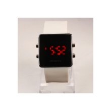 Elegant Square Stainless Steel Case Digital Display Red LED Light Wrist Watch White Silicone Band