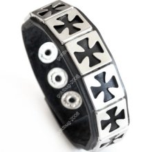 Emo Gothic Punk Biker Classic White Cross Leather Bracelet