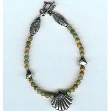 Epidote and Sterling Silver Bracelet with Electroformed Clam Shell on Top of the Wrist