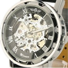 Ess Men's Black Dial Leather Strap Luxury Stainless Case Hand-wind Up Mechanical