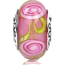 European Glass Pink Rose Charm Bead on sterling silver Sku 210007