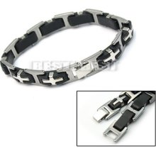 Fashion Stainless Steel Cross Bracelet Black Rubber Silver Link Bangle Wristband