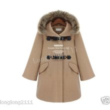 Fashion Women's Fur Collar Hood Wool Blend Long Overcoat Camel Coats 133