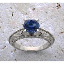 Feminine 14K White Gold One Of A Kind Blue Genuine Sapphire Engagement Ring With Mil Grain