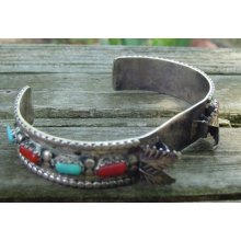 Fine Old Signed Wayne C Zuni Sterling/turquoise/coral Cuff Watch Bracelet